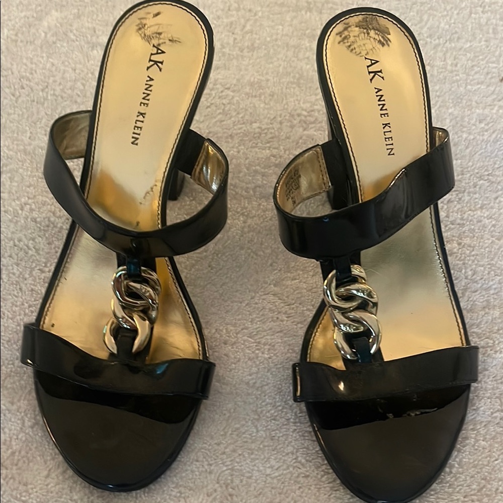 Anne Klein Black Sandals with Kitten Heel and Gold Detail